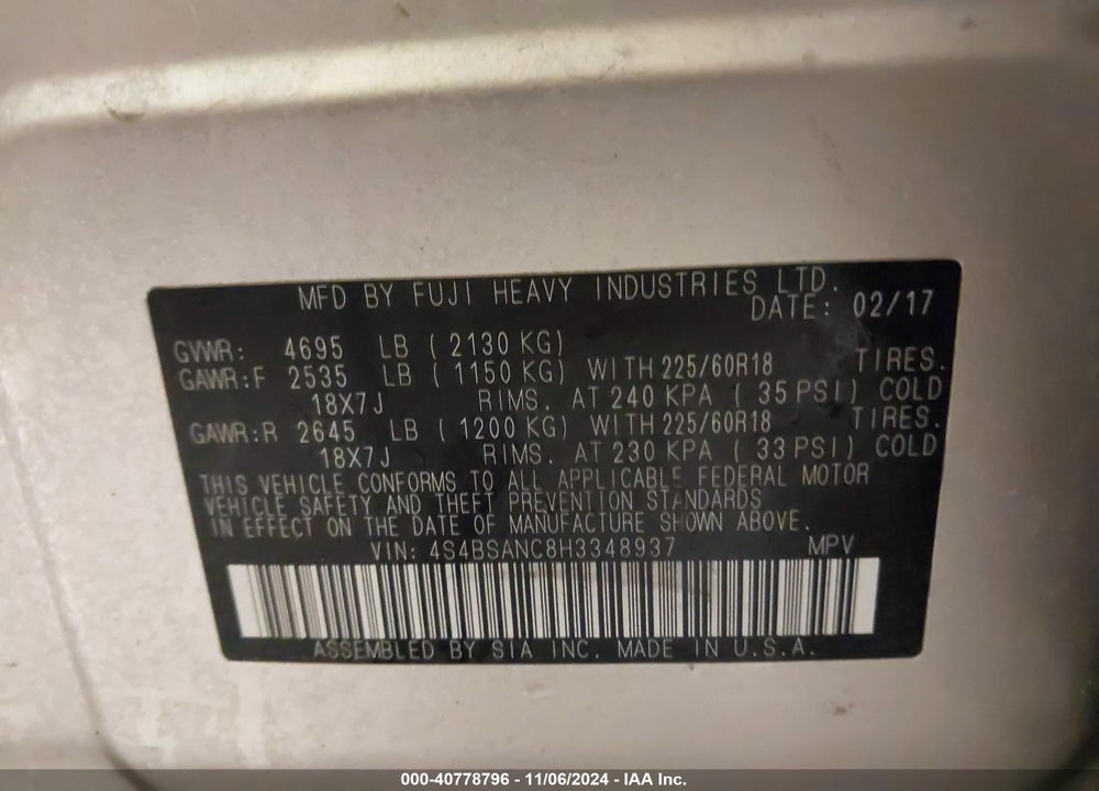 2017 SUBARU OUTBACK 2.5I LIMITED VIN: 4S4BSANC8H3348937