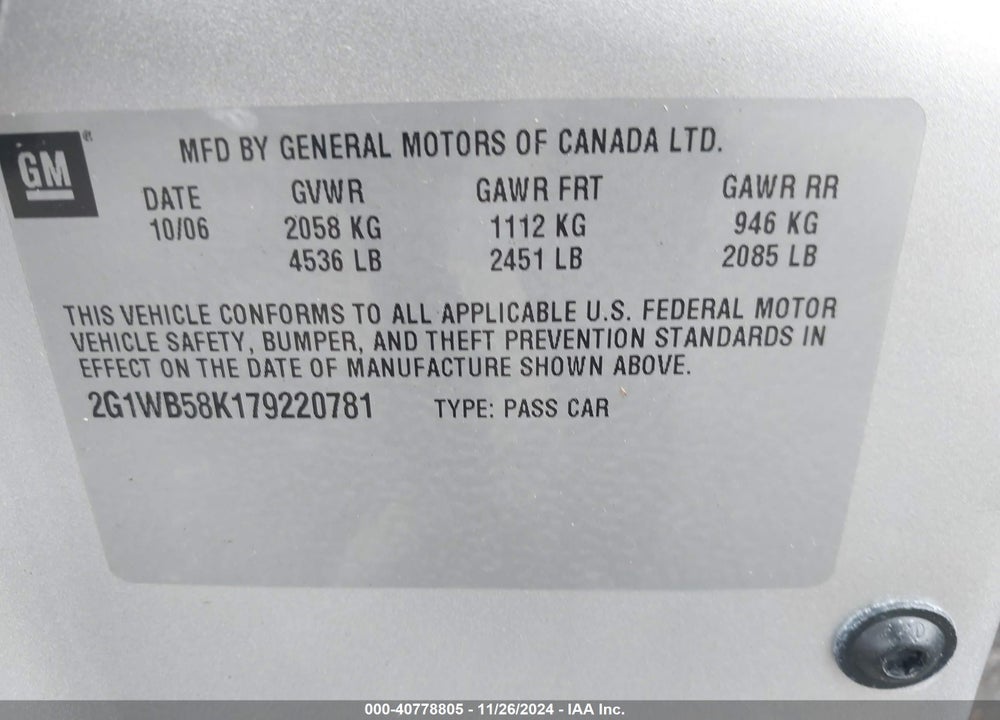 2007 CHEVROLET IMPALA VIN: 2G1WB58K179220781