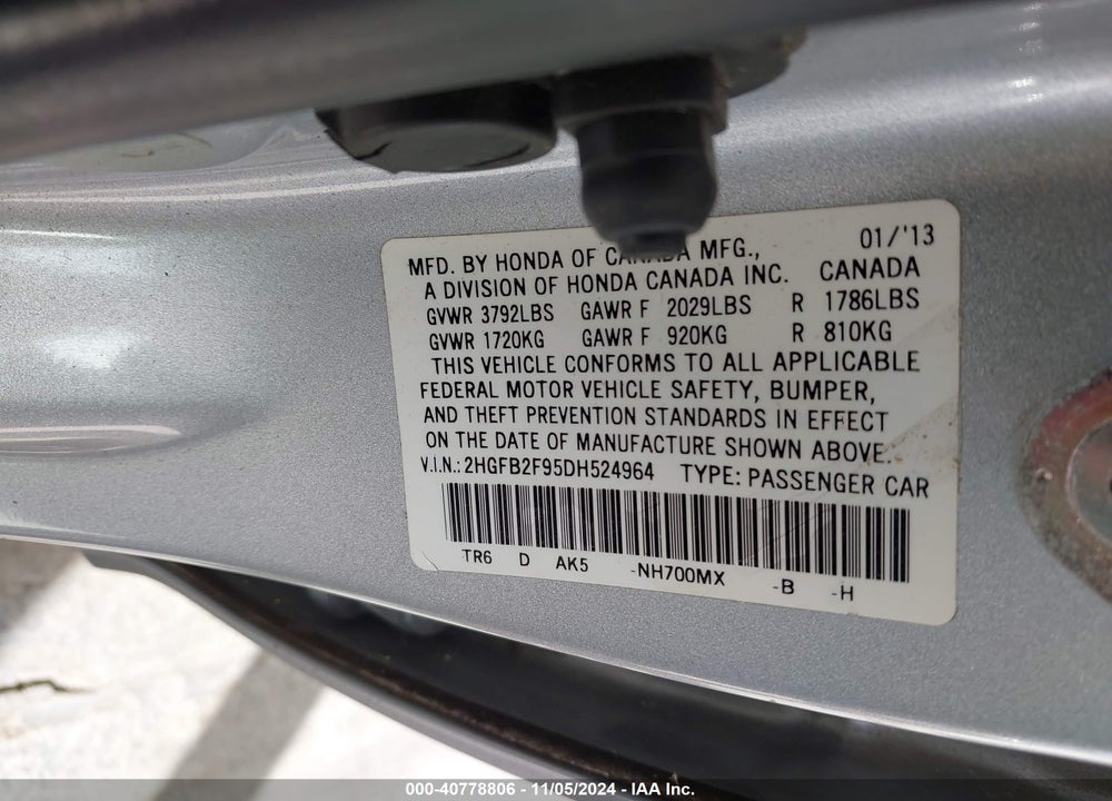 2013 HONDA CIVIC EX-L VIN: 2HGFB2F95DH524964