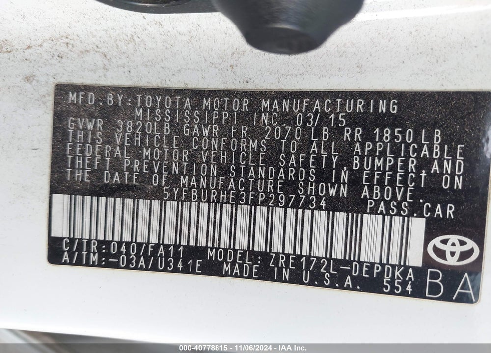2015 TOYOTA COROLLA L VIN: 5YFBURHE3FP297734