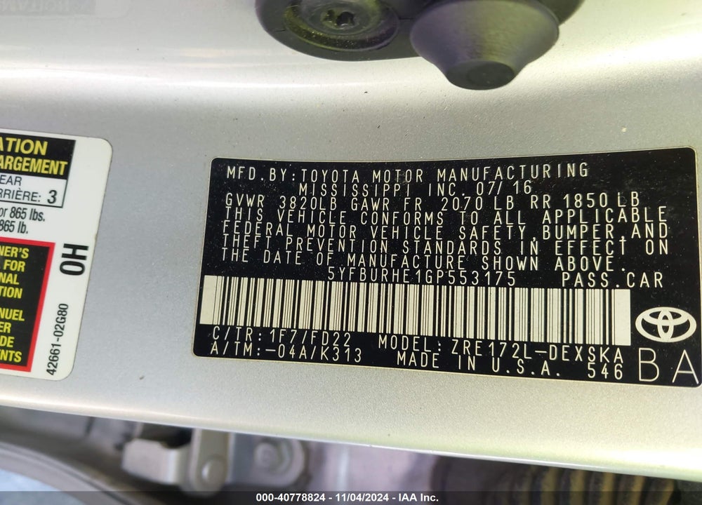2016 TOYOTA COROLLA S PLUS VIN: 5YFBURHE1GP553175