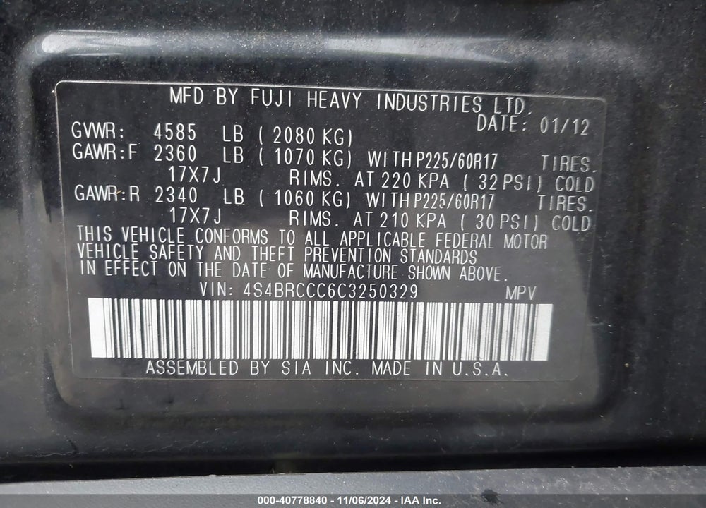2012 SUBARU OUTBACK 2.5I PREMIUM VIN: 4S4BRCCC6C3250329