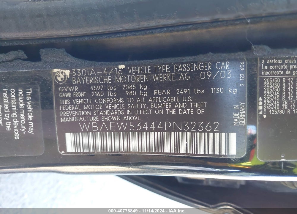 2004 BMW 330XI VIN: WBAEW53444PN32362