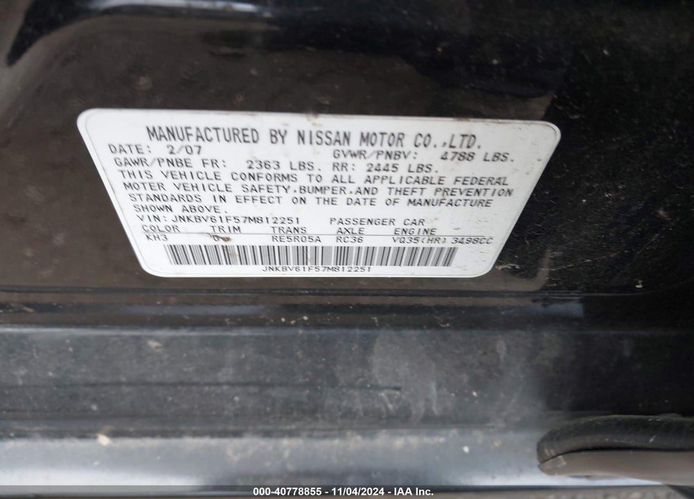2007 INFINITI G35X VIN: JNKBV61F57M812251