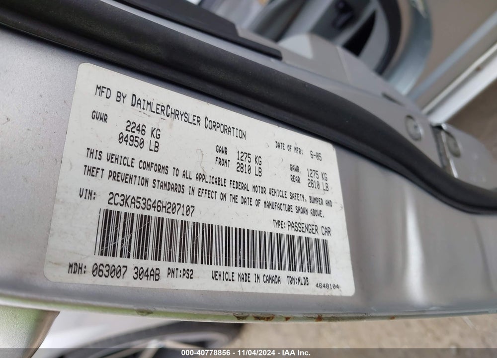 2006 CHRYSLER 300 TOURING VIN: 2C3KA53G46H207107