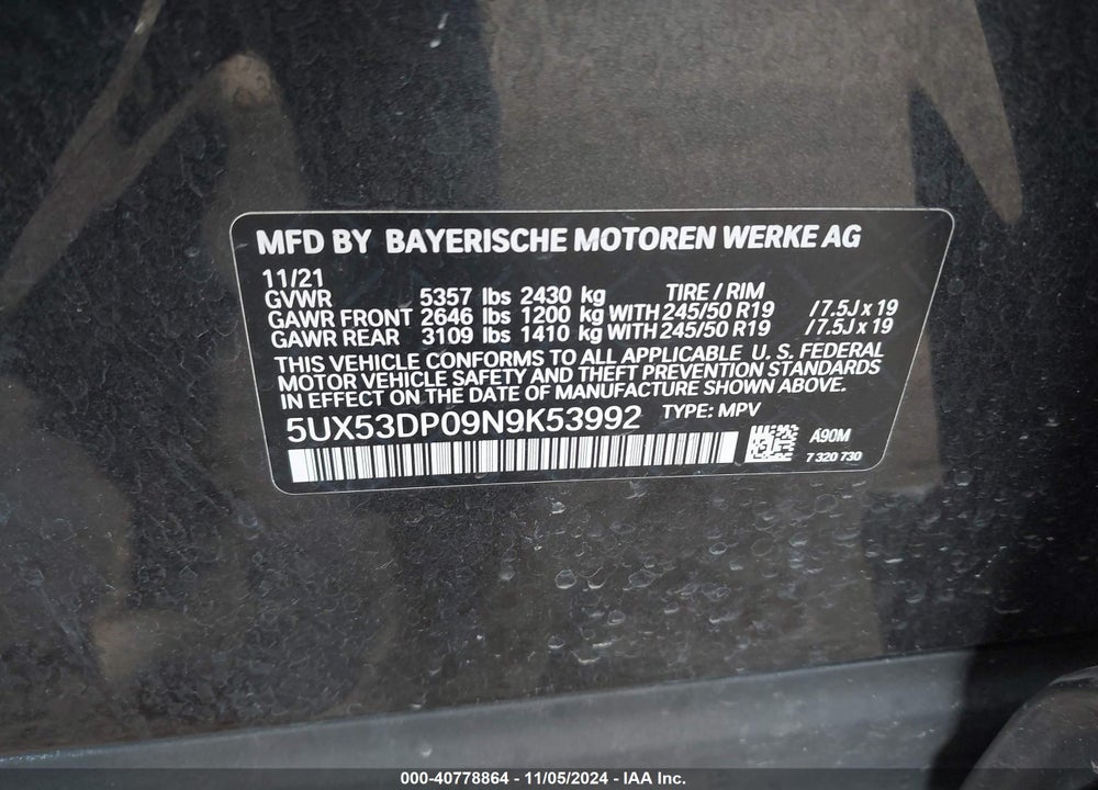 2022 BMW X3 XDRIVE30I VIN: 5UX53DP09N9K53992