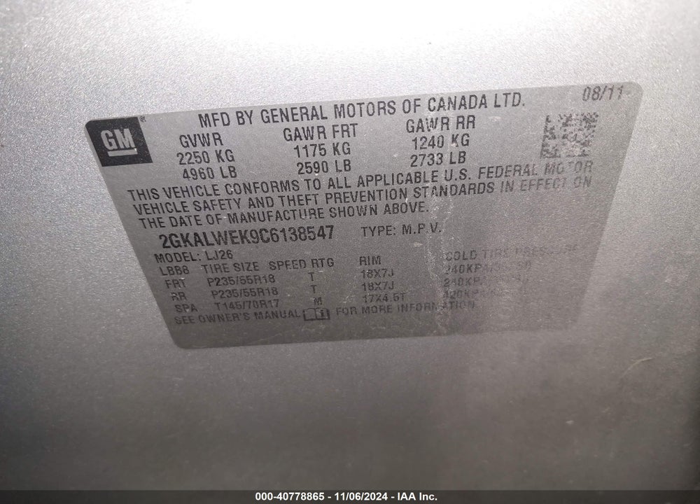 2012 GMC TERRAIN SLT-2 VIN: 2GKALWEK9C6138547