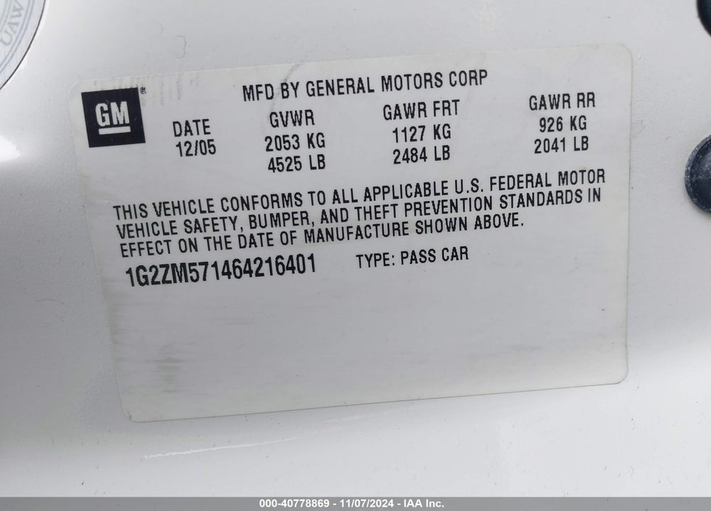 2006 PONTIAC G6 GTP VIN: 1G2ZM571464216401