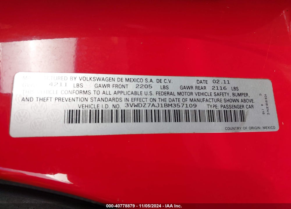 2011 VOLKSWAGEN JETTA 2.5L SE VIN: 3VWDZ7AJ1BM357109