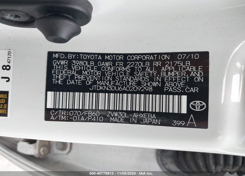 2010 TOYOTA PRIUS II VIN: JTDKN3DU6A0209298