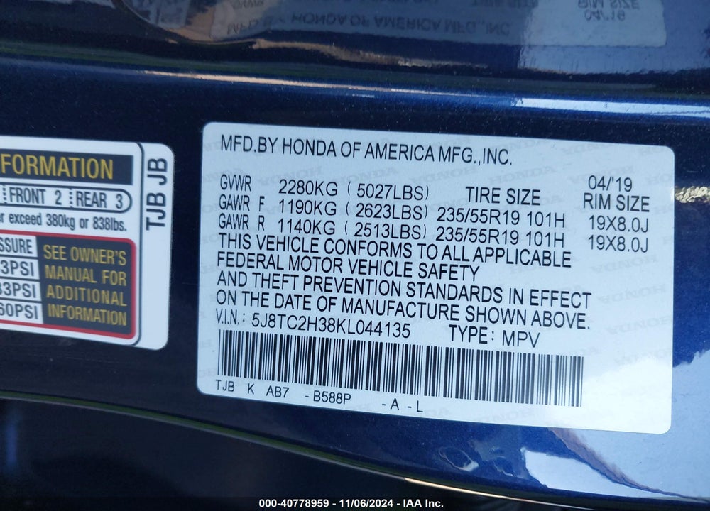 2019 ACURA RDX STANDARD VIN: 5J8TC2H38KL044135