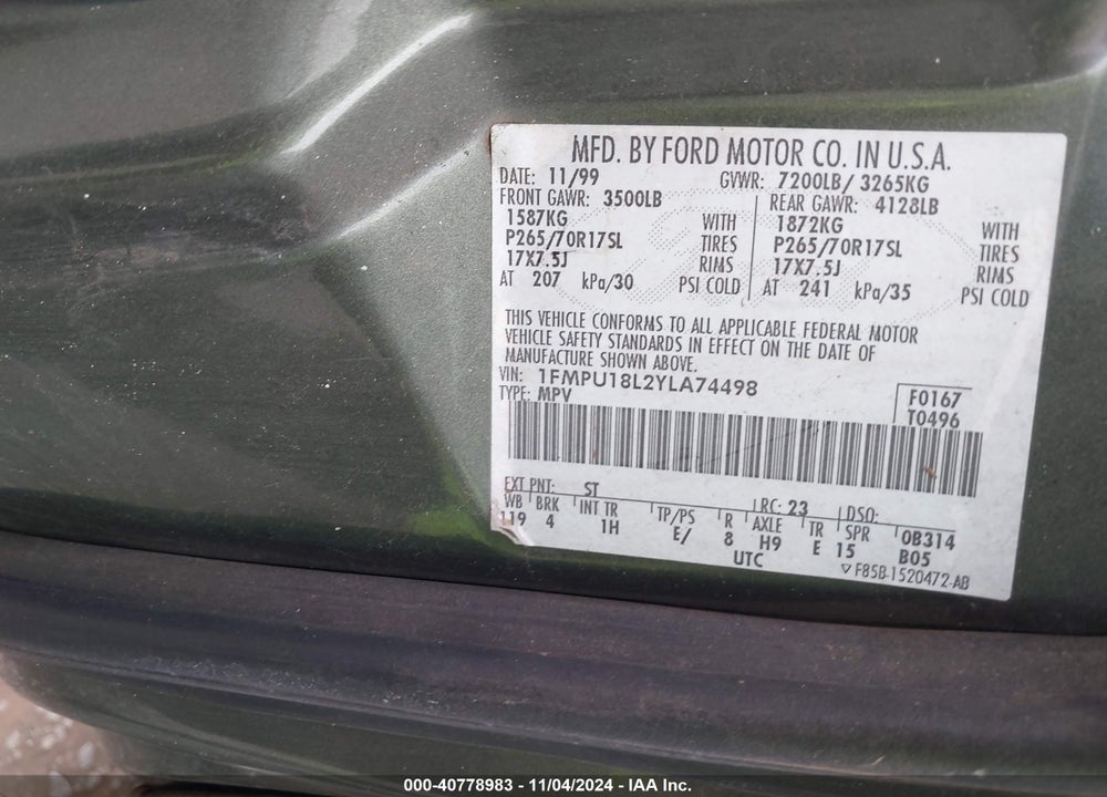 2000 FORD EXPEDITION EDDIE BAUER VIN: 1FMPU18L2YLA74498