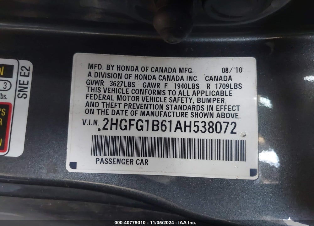 2010 HONDA CIVIC LX VIN: 2HGFG1B61AH538072