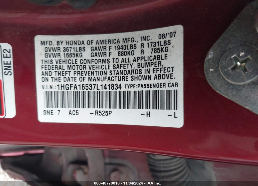 2007 HONDA CIVIC LX VIN: 1HGFA16537L141834