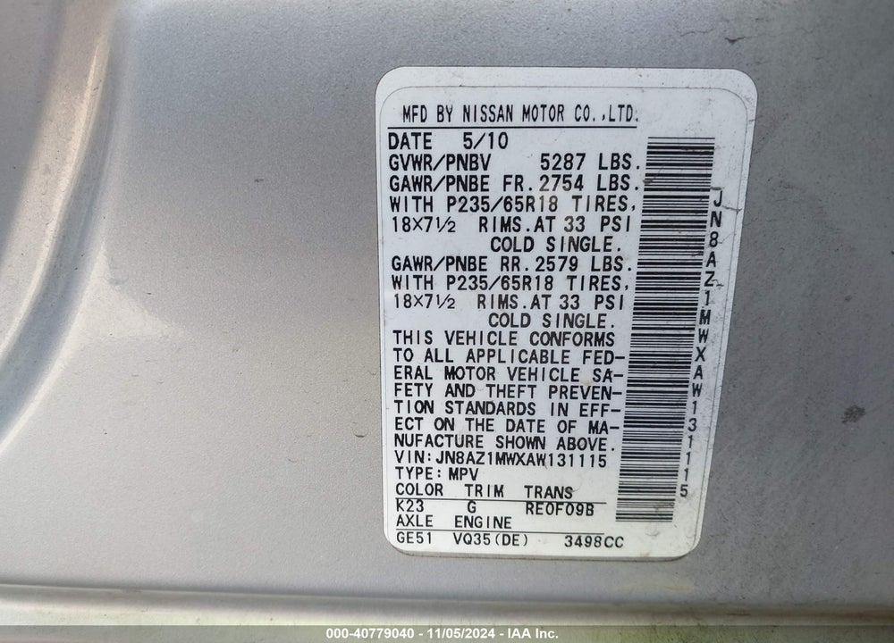 2010 NISSAN MURANO SL VIN: JN8AZ1MWXAW131115