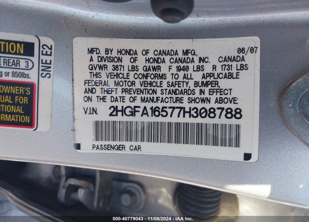 2007 HONDA CIVIC LX VIN: 2HGFA16577H308788