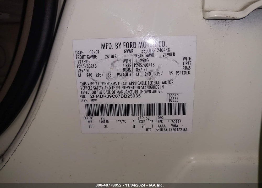 2007 FORD EDGE SEL PLUS VIN: 2FMDK39C07BB25935