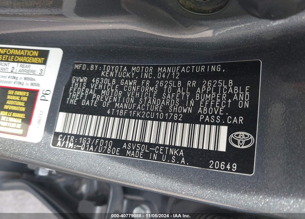 2012 TOYOTA CAMRY LE VIN: 4T1BF1FK2CU101782