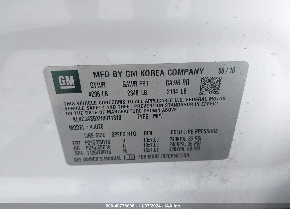 2017 BUICK ENCORE PREFERRED VIN: KL4CJASBXHB011810