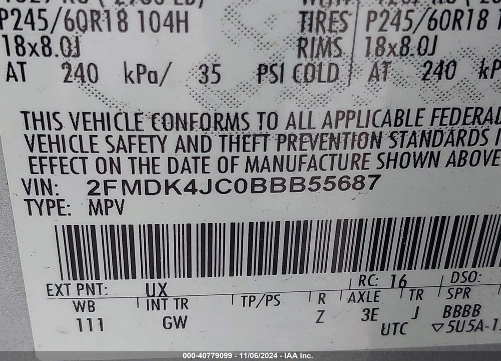 2011 FORD EDGE SEL VIN: 2FMDK4JC0BBB55687