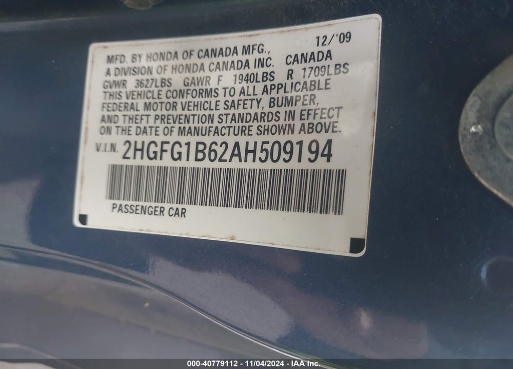 2010 HONDA CIVIC LX VIN: 2HGFG1B62AH509194