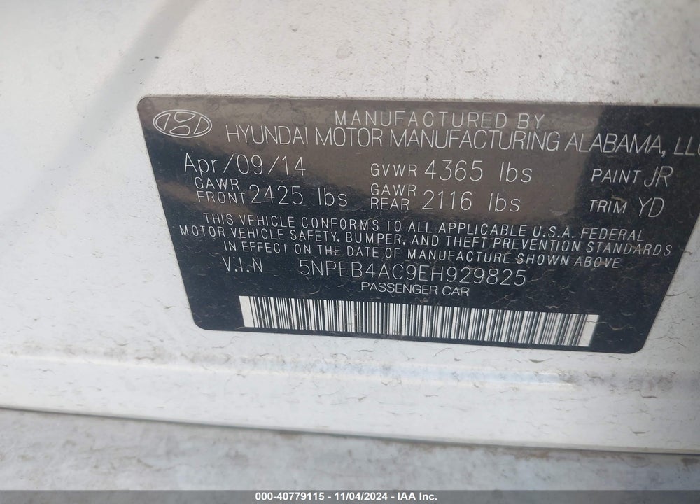 2014 HYUNDAI SONATA GLS VIN: 5NPEB4AC9EH929825