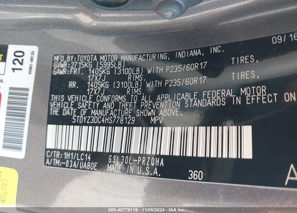 2017 TOYOTA SIENNA XLE 8 PASSENGER VIN: 5TDYZ3DC4HS778129