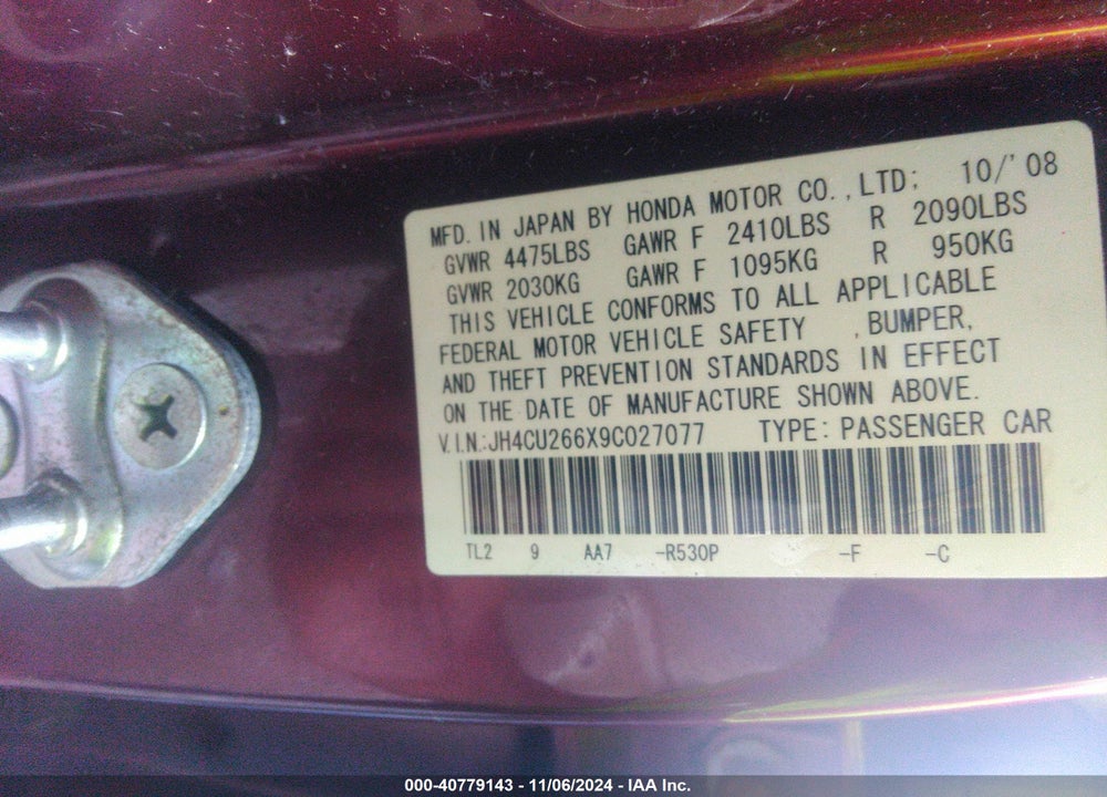 2009 ACURA TSX VIN: JH4CU266X9C027077