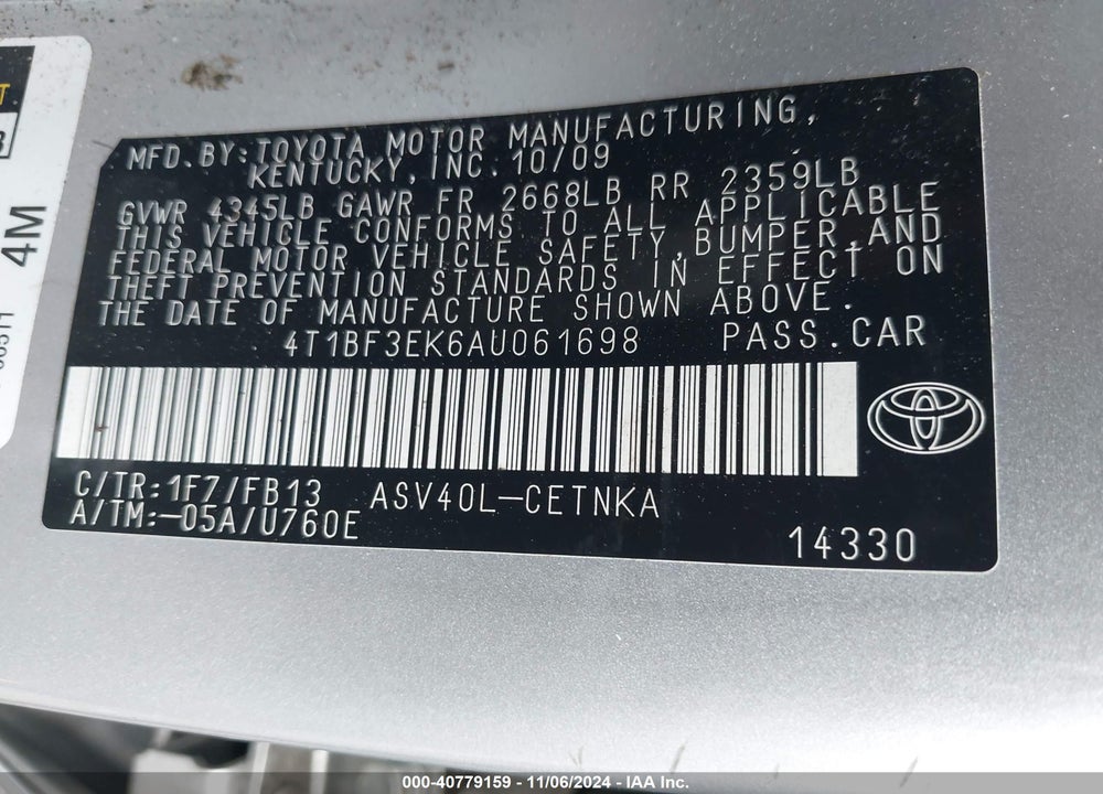 2010 TOYOTA CAMRY LE VIN: 4T1BF3EK6AU061698