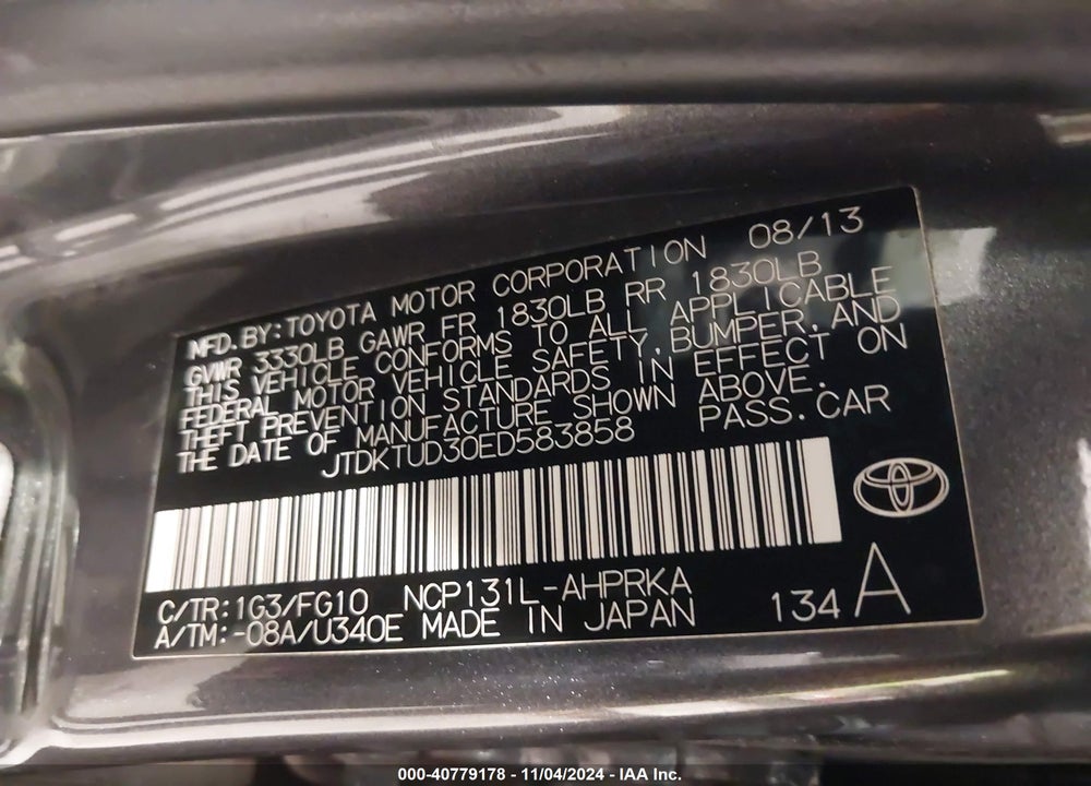 2014 TOYOTA YARIS LE (TMC/CBU PLANT) VIN: JTDKTUD30ED583858