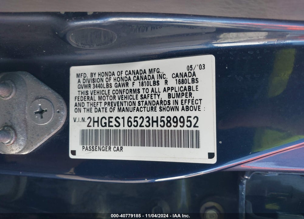 2003 HONDA CIVIC LX VIN: 2HGES16523H589952