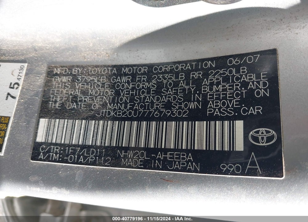2007 TOYOTA PRIUS VIN: JTDKB20U777679302