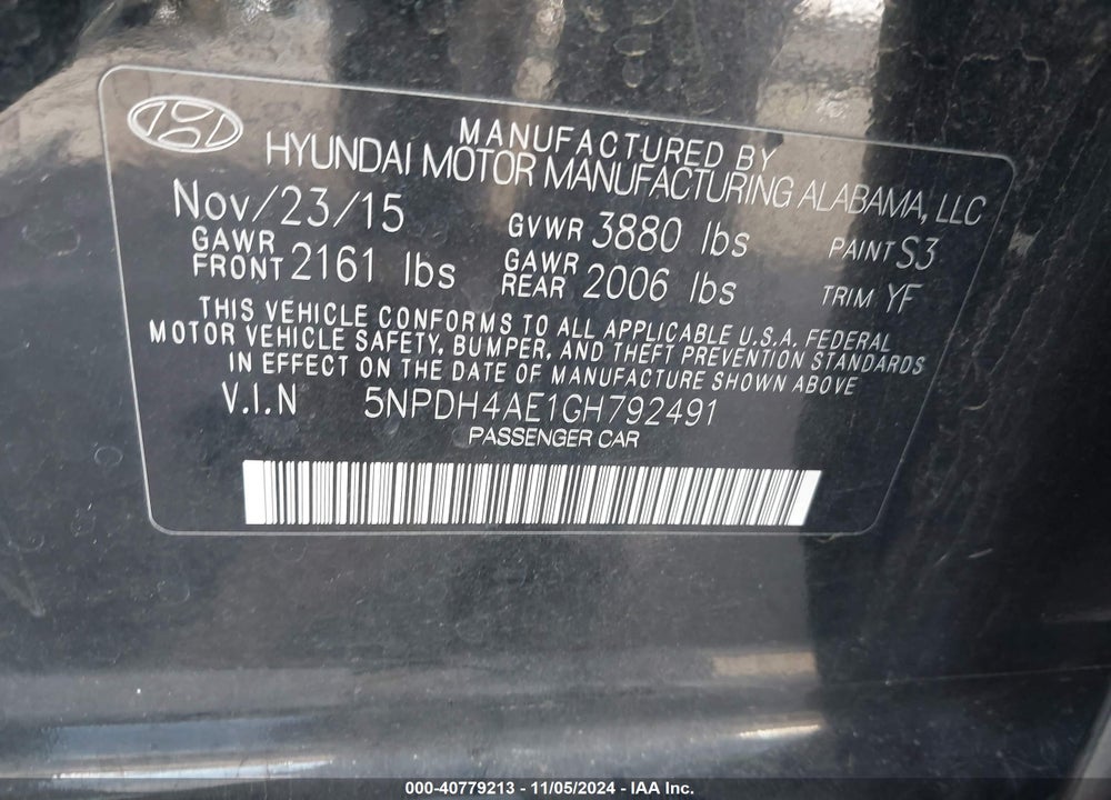 2016 HYUNDAI ELANTRA VALUE EDITION VIN: 5NPDH4AE1GH792491