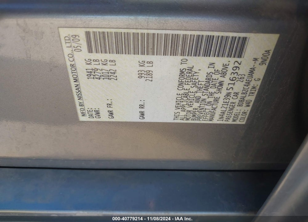 2009 NISSAN ALTIMA 2.5 S VIN: 1N4AL21E39N516392