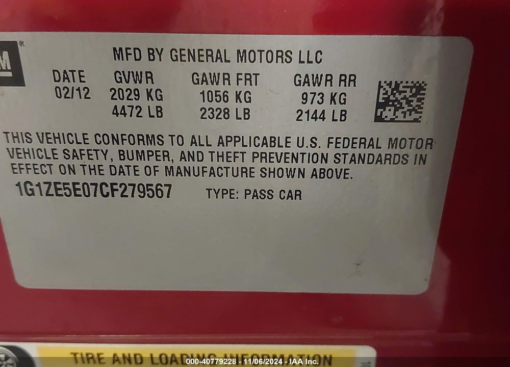 2012 CHEVROLET MALIBU 1LZ VIN: 1G1ZE5E07CF279567