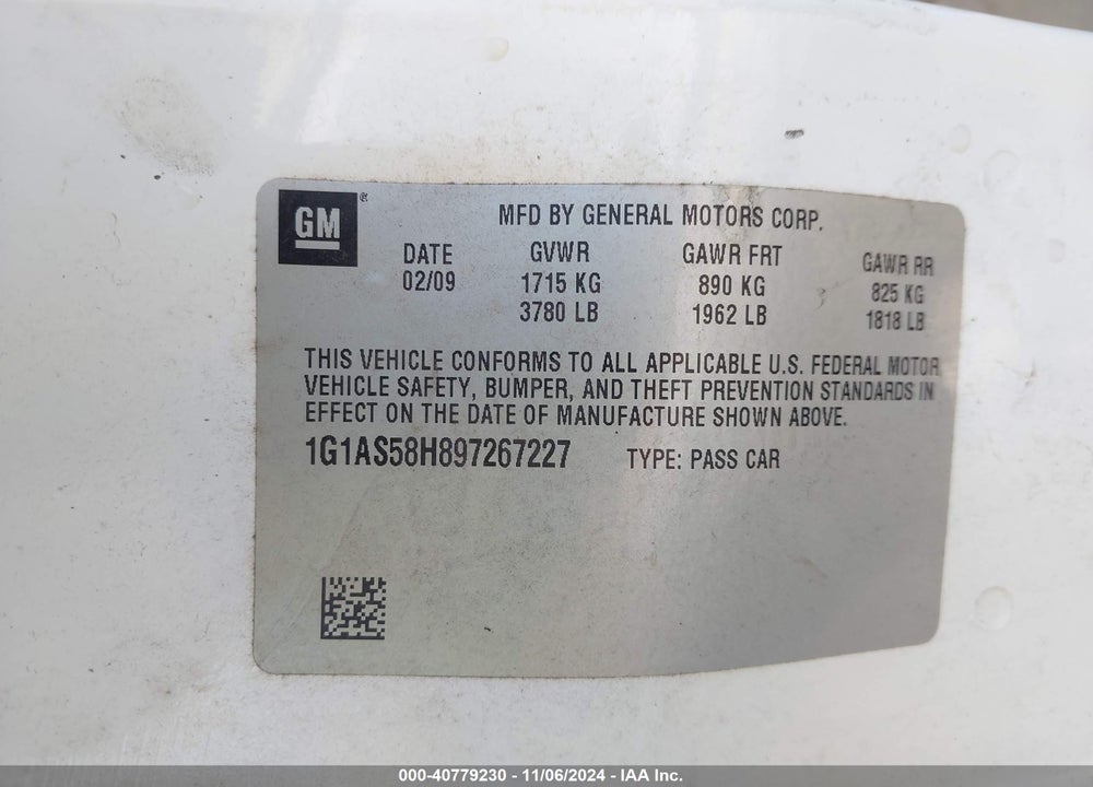 2009 CHEVROLET COBALT LS VIN: 1G1AS58H897267227