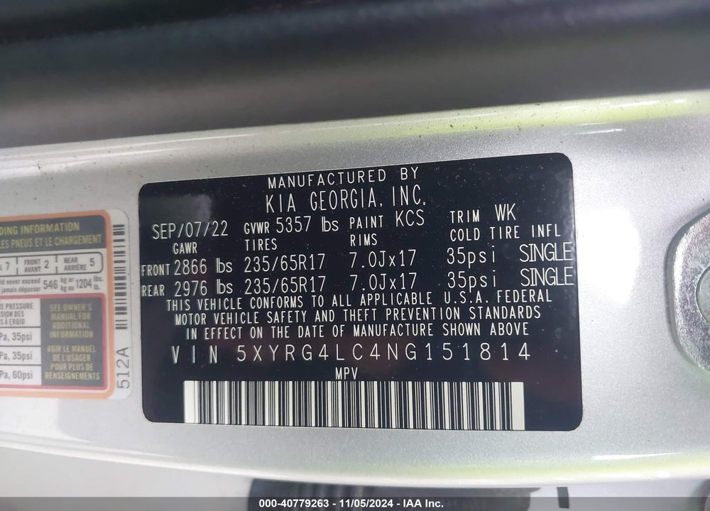 2022 KIA SORENTO LX VIN: 5XYRG4LC4NG151814