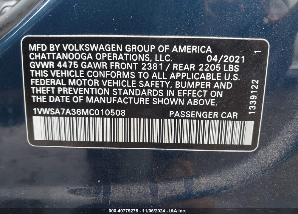 2021 VOLKSWAGEN PASSAT VIN: 1VWSA7A36MC010508
