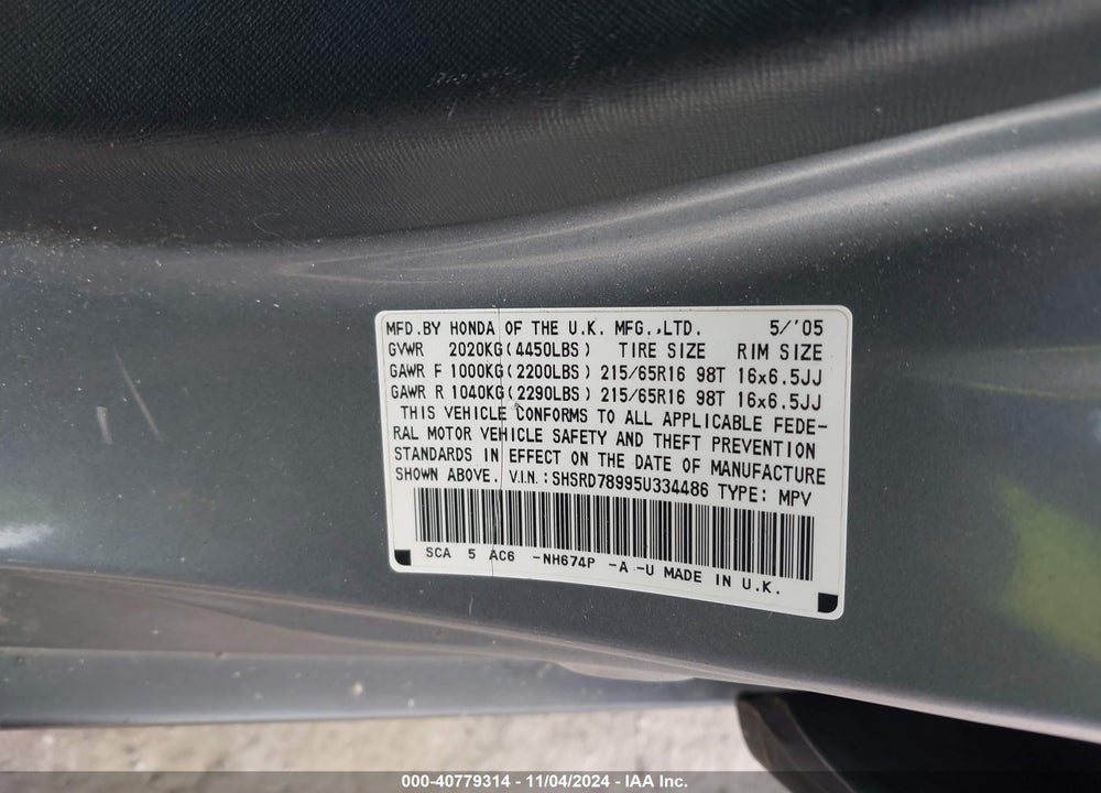2005 HONDA CR-V SE VIN: SHSRD78995U334486