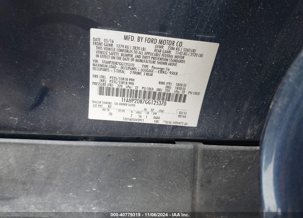 2016 FORD TAURUS SE VIN: 1FAHP2D87GG125370