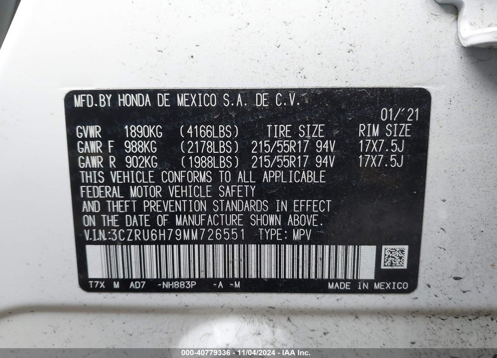 2021 HONDA HR-V AWD EX-L VIN: 3CZRU6H79MM726551