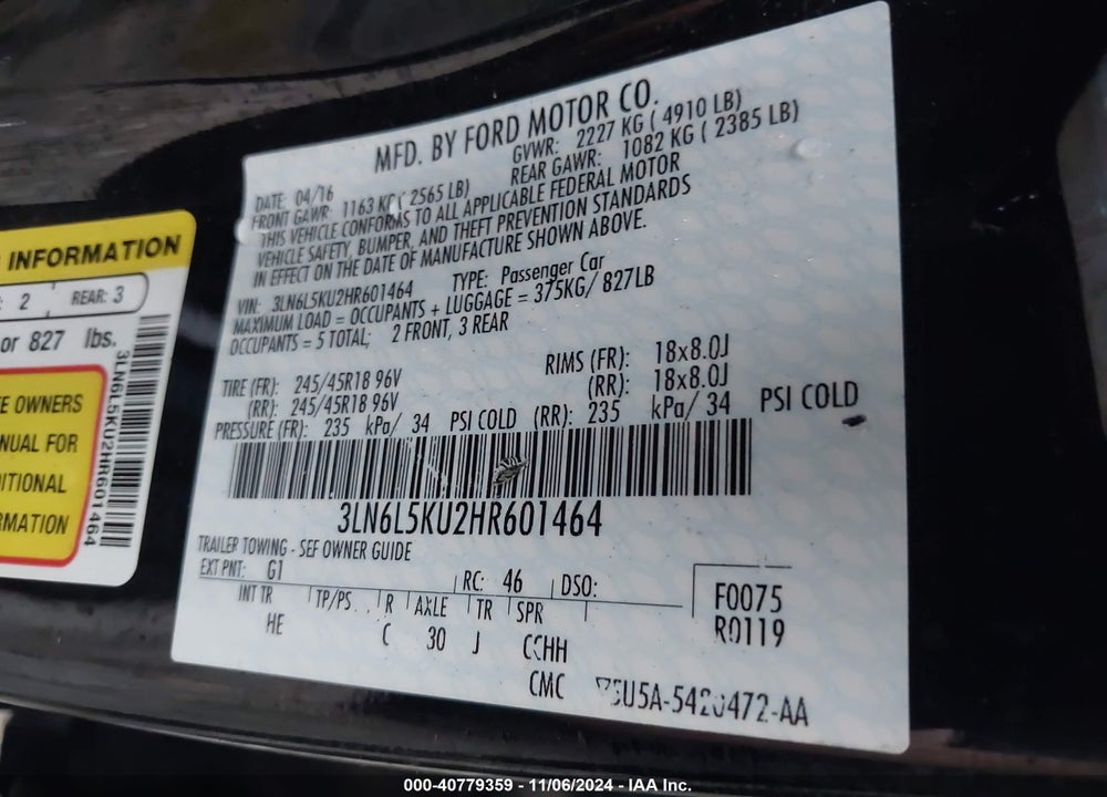 2017 LINCOLN MKZ HYBRID PREMIERE VIN: 3LN6L5KU2HR601464