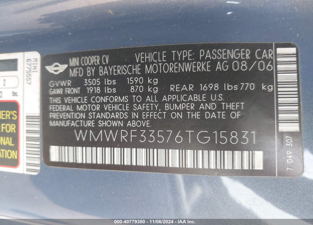 2006 MINI COOPER VIN: WMWRF33576TG15831