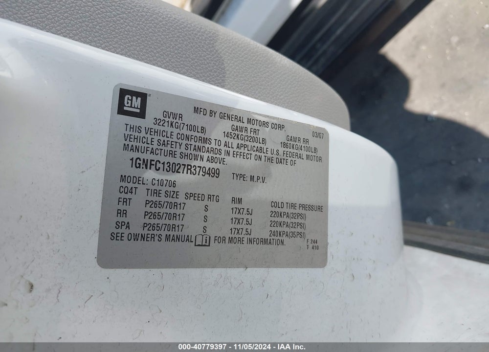 2007 CHEVROLET TAHOE LT VIN: 1GNFC13027R379499