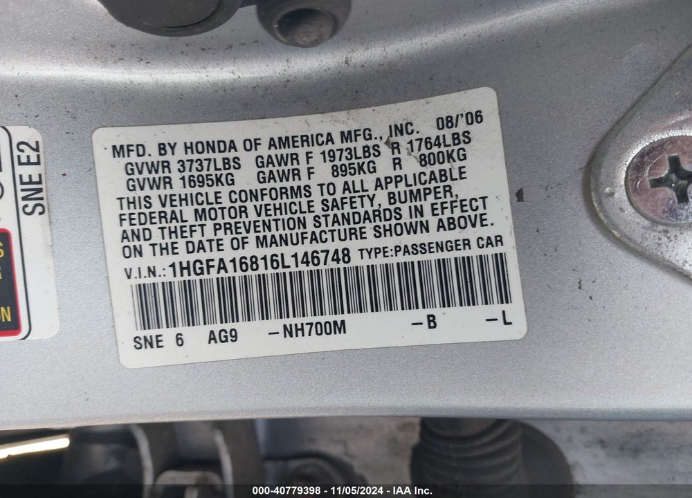 2006 HONDA CIVIC EX VIN: 1HGFA16816L146748