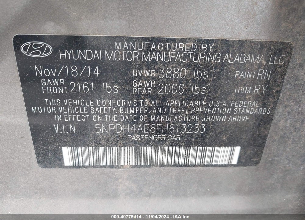 2015 HYUNDAI ELANTRA SE VIN: 5NPDH4AE8FH613233