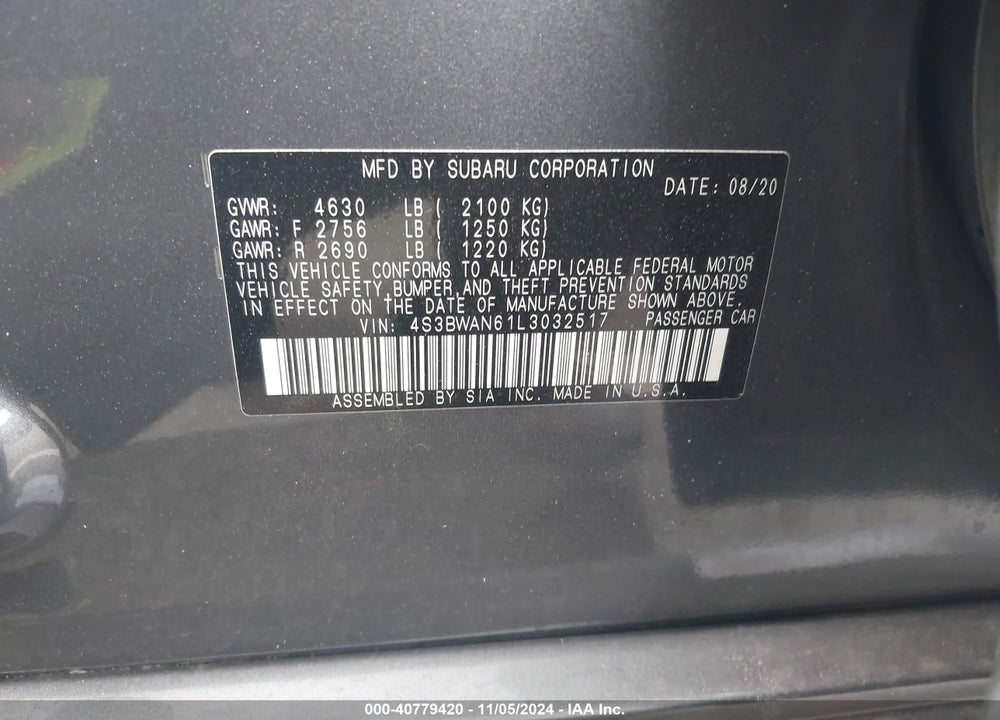 2020 SUBARU LEGACY LIMITED VIN: 4S3BWAN61L3032517