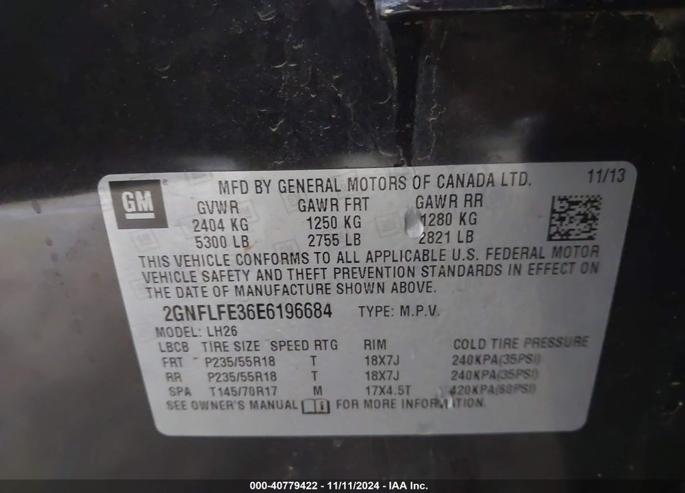 2014 CHEVROLET EQUINOX 1LT VIN: 2GNFLFE36E6196684
