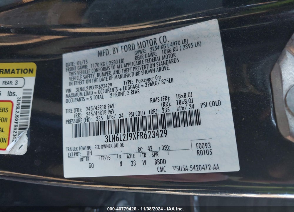 2015 LINCOLN MKZ VIN: 3LN6L2J9XFR623429