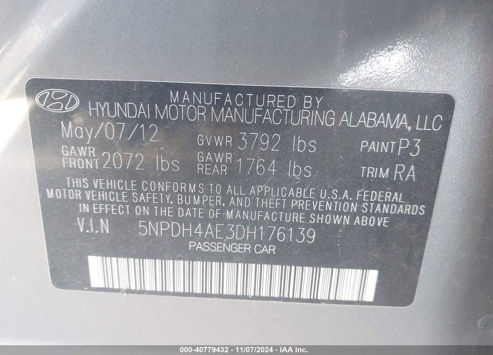 2013 HYUNDAI ELANTRA LIMITED VIN: 5NPDH4AE3DH176139